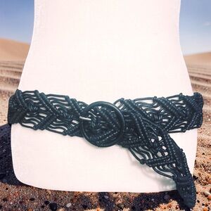 Vintage Boho Black Macrame Rope Belt Adjustable Festival Hip Belt Woven